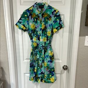 Donna Morgan Blue and Yellow Floral Buttoned Tie Front Mini Dress